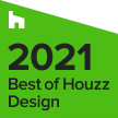 A green square badge with a white house logo at the top and the text 2021 Best of Houzz Design in black.