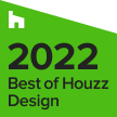 Green and white 2022 Best of Houzz Design award badge with a small white h logo