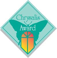 A teal diamond logo for the Chrysalis Award featuring a butterfly icon above a gradient-colored window shape.