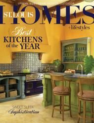 Cover of St. Louis Homes & Lifestyles magazine featuring a vibrant yellow kitchen with green cabinets and a purple stove.
