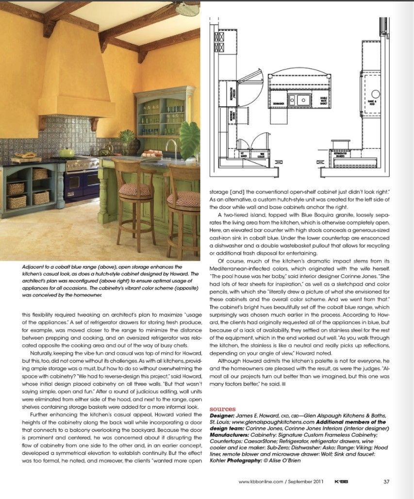 A Mediterranean-style kitchen with yellow walls, a tiled backsplash, wooden beams, and a floor plan diagram.