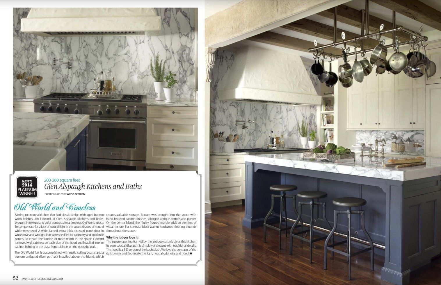 A split-view image showing a luxury kitchen with marble backsplash, dark island, bar stools, and a hanging pot rack.