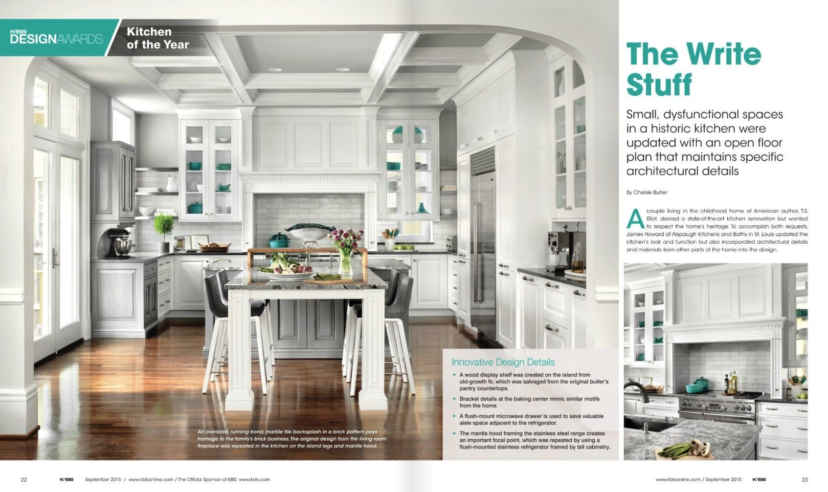 A bright, white kitchen with a center island, wooden floors, and a coffered ceiling, featured in a magazine layout.