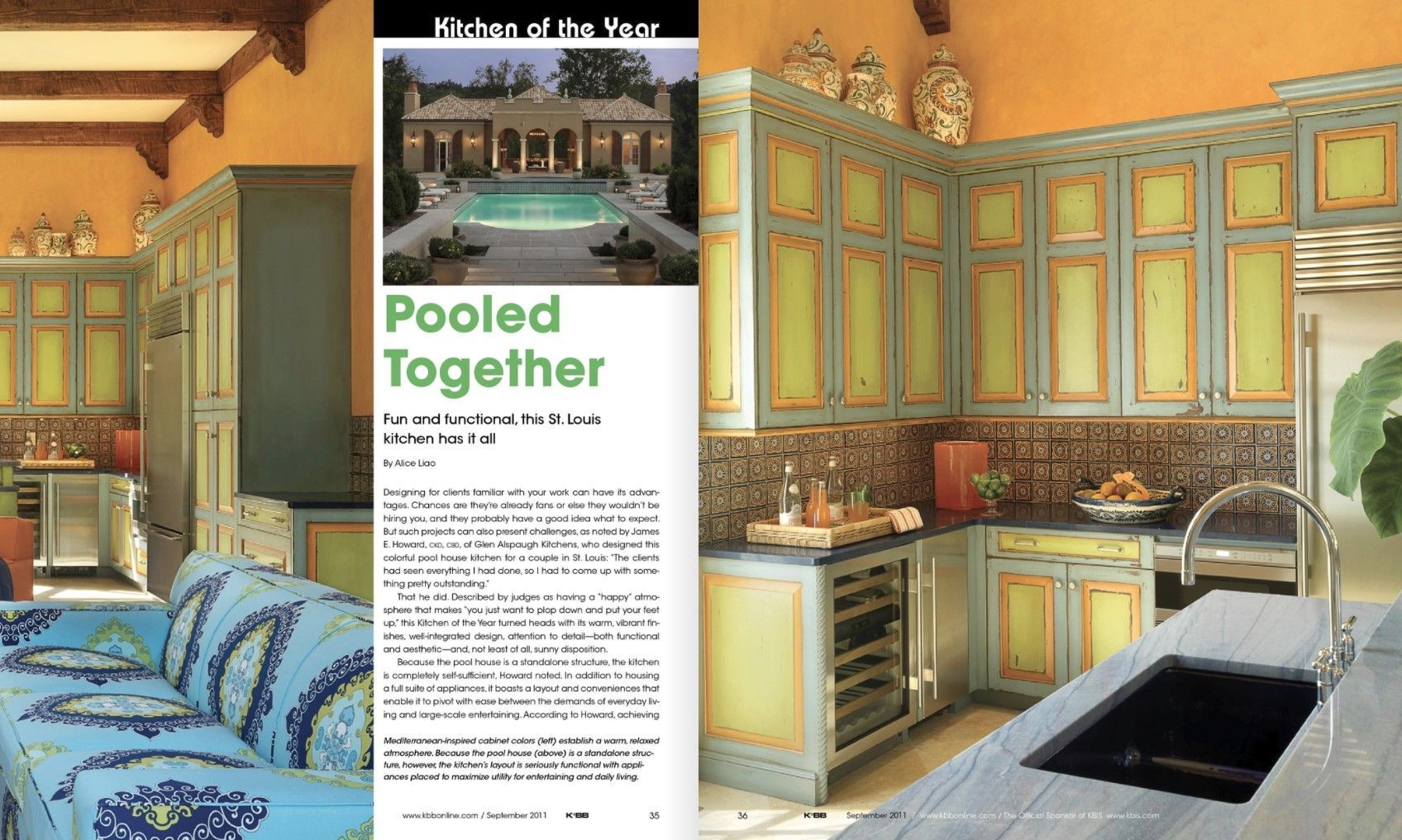 A magazine spread showing a kitchen with pale green and yellow cabinets, a blue patterned couch, and an outdoor pool.