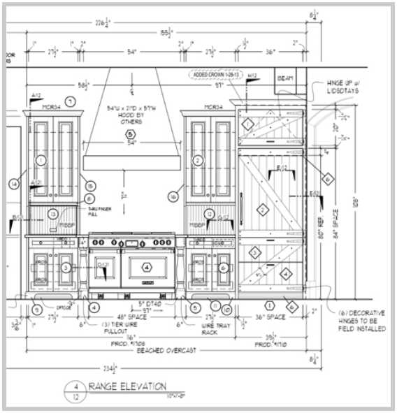 Kitchen elevation blueprint showing cabinets, stove, hood, sink, and pantry dimensions with annotations.