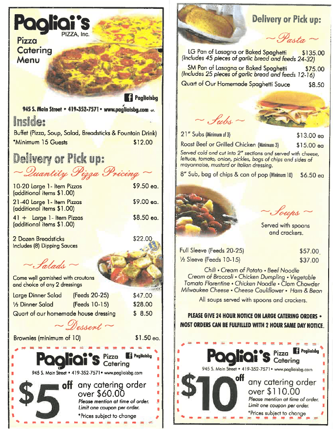 Pagliai's Pizza Catering Menu Bowling Green, OH