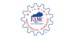 Logo of the KAMC Foundation featuring a blue gear outline surrounding a map of Kentucky and the text KAMC in red and blue.