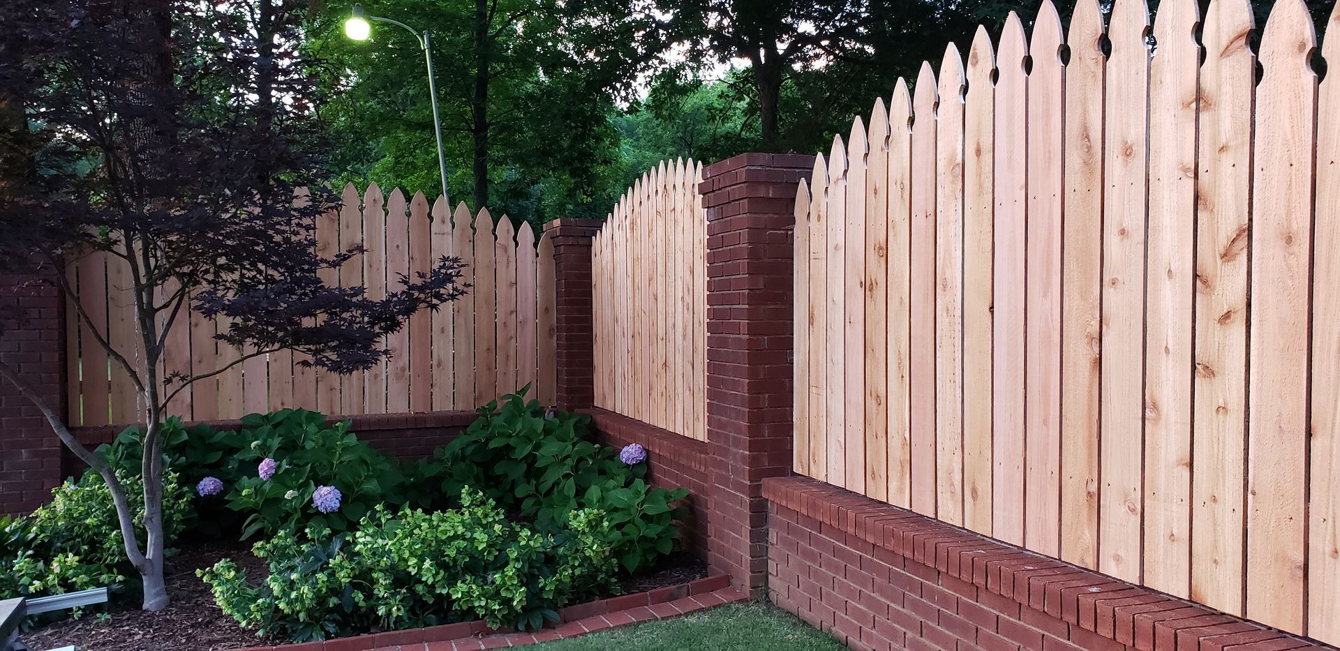 Brick wall with wooden picket fence, garden with shrubs and trees.