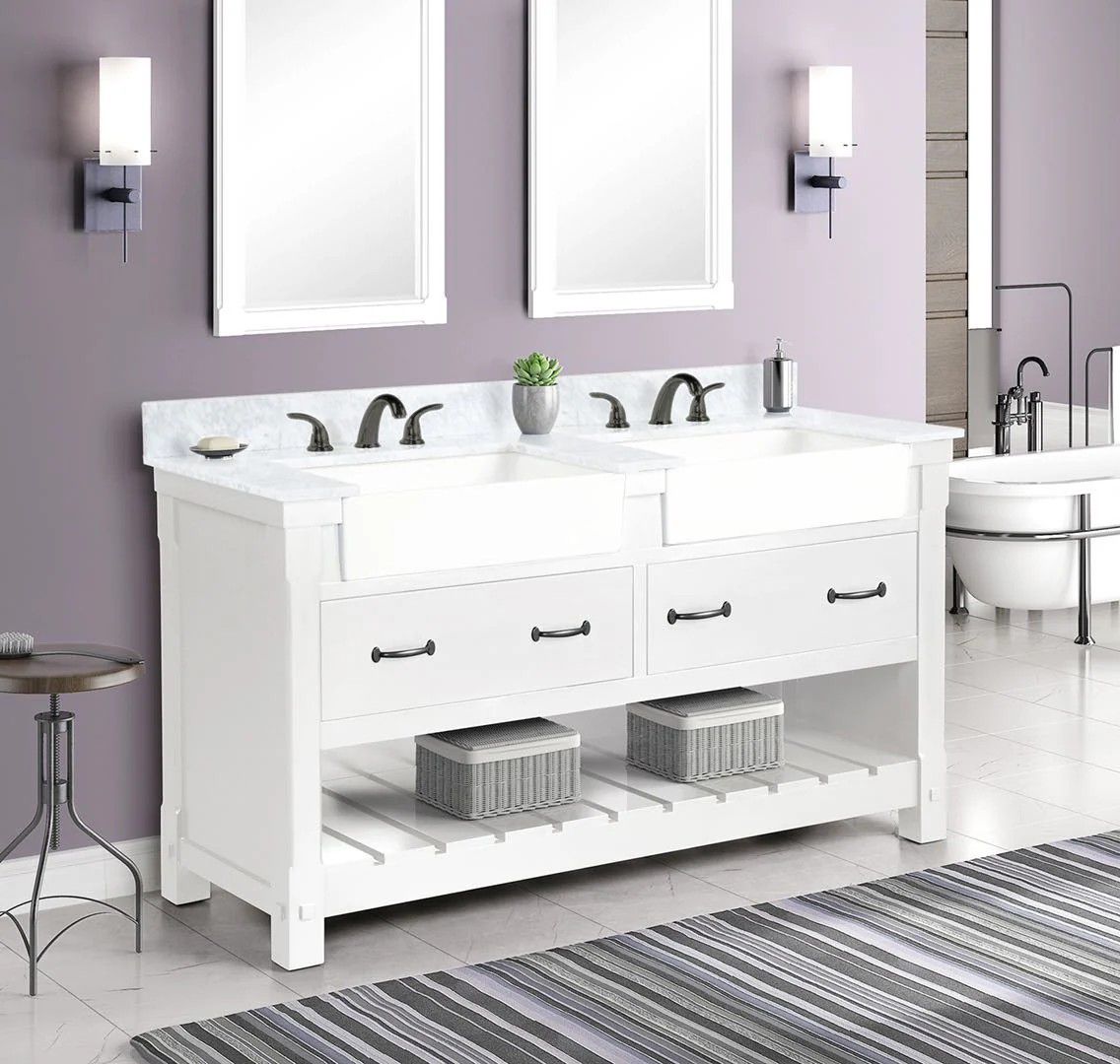 White double vanity bathroom with mirrors, black faucets, open shelf, and a striped rug