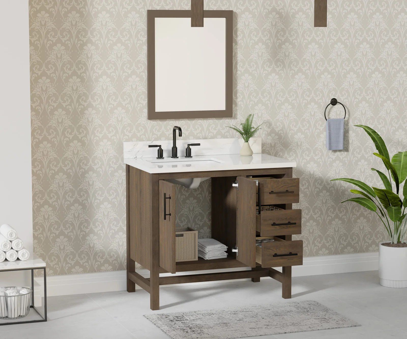 Modern bathroom vanity with marble top, wood cabinet, open shelf, mirror, and potted plant