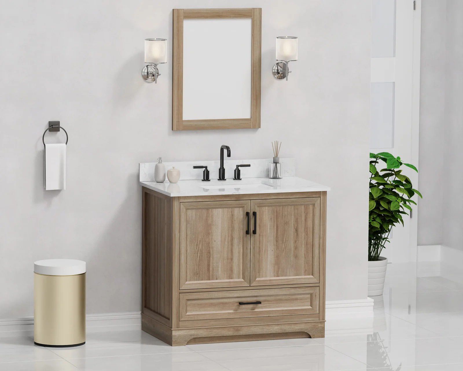 Modern bathroom vanity with wood cabinet, sink, mirror, wall sconces, and a gold trash can