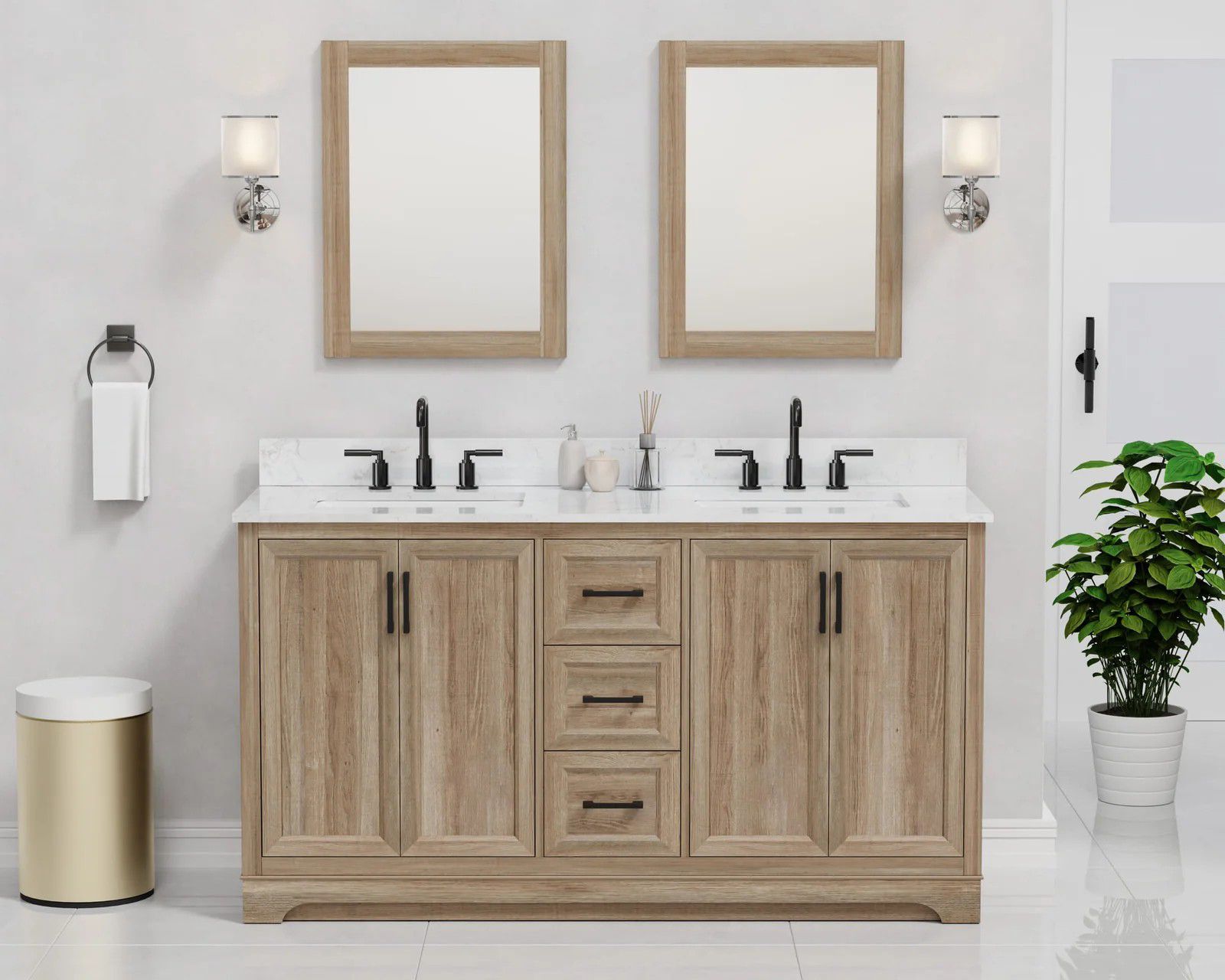 Modern bathroom vanity with double sinks, wood cabinets, mirrors, sconces, and a potted plant.