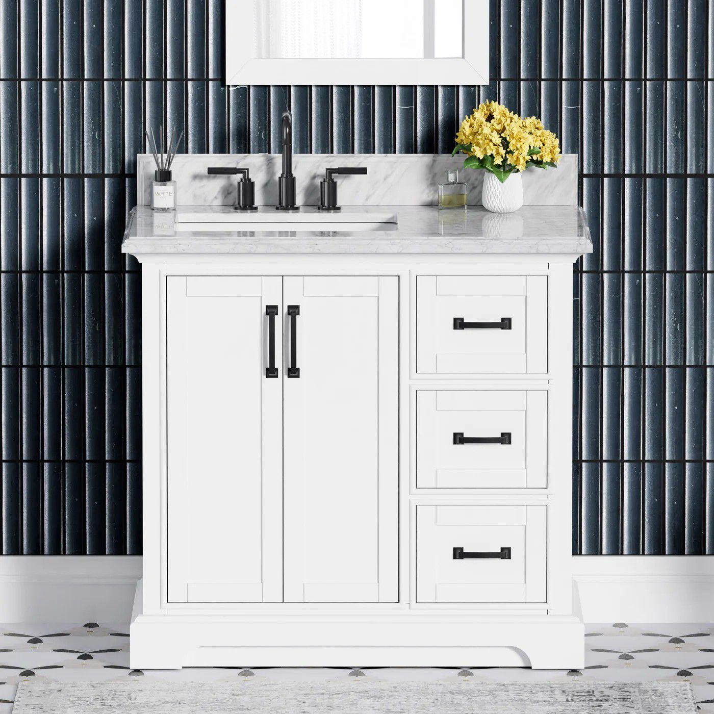 White bathroom vanity with double sink, black hardware, and yellow flowers against a dark tiled wall