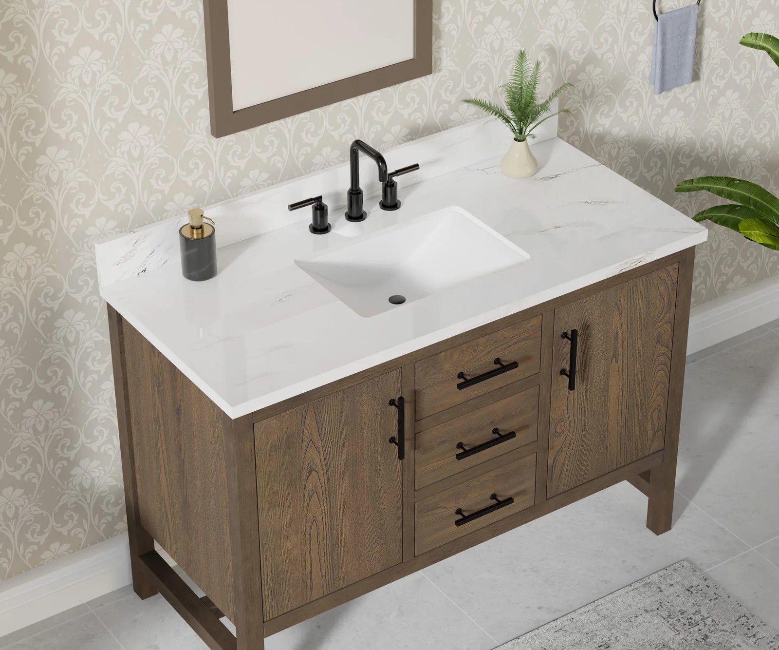 Modern bathroom vanity with white countertop, black faucet, wood cabinets, and small decor accents