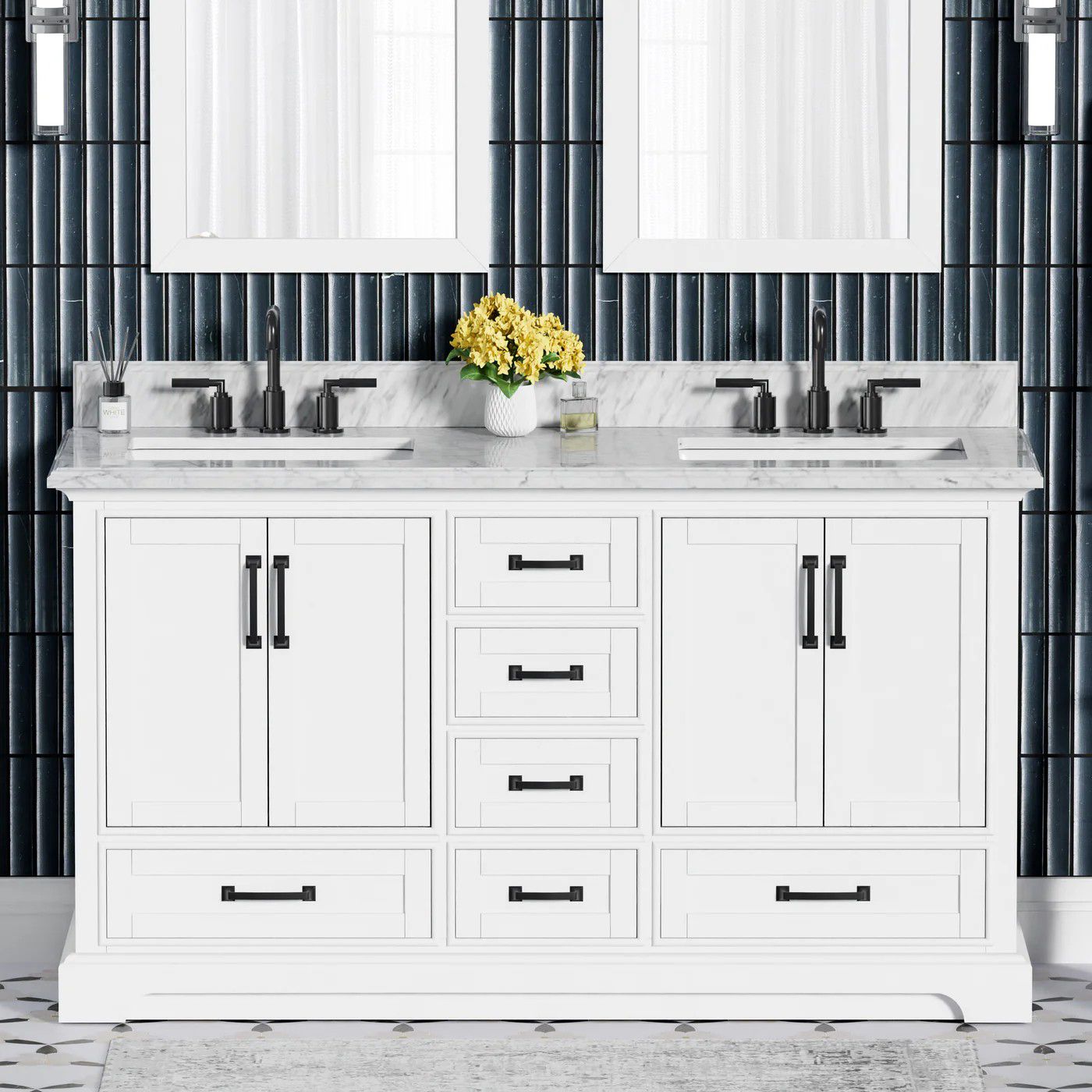 White double vanity with marble countertop, chrome faucets, and black-tiled wall background