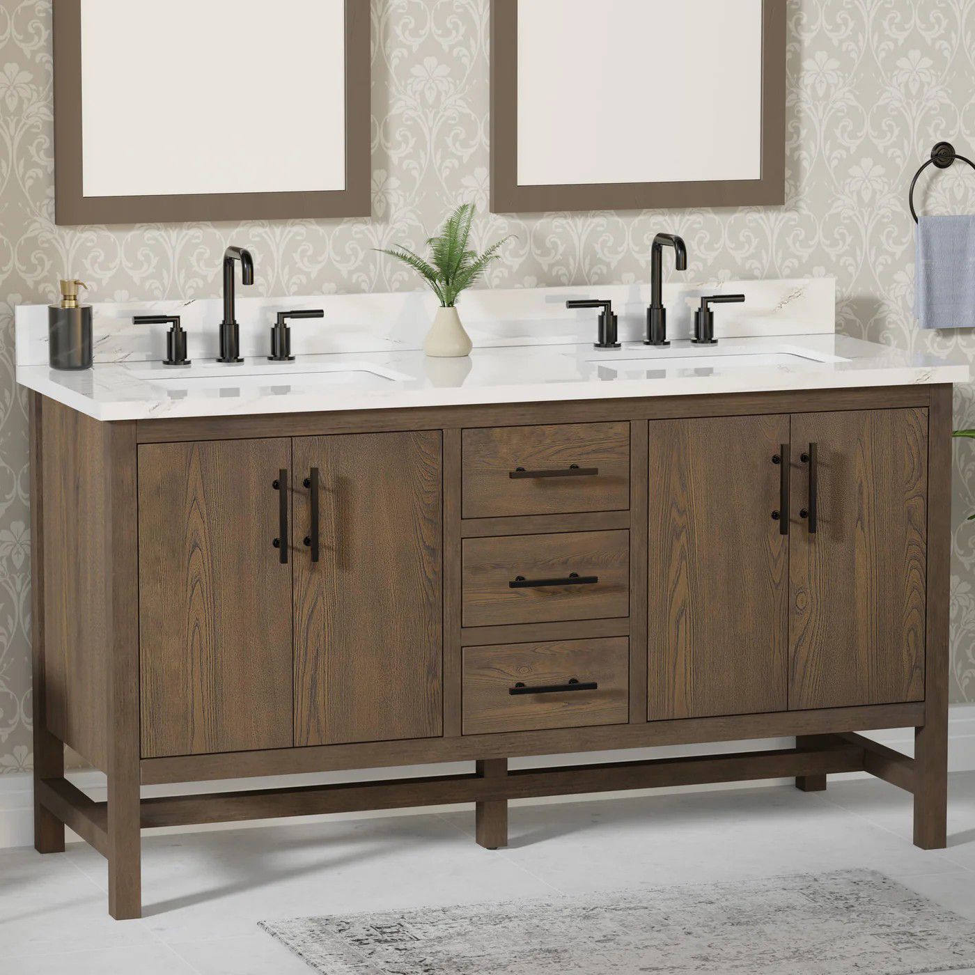 Double-sink bathroom vanity with white countertop, wood cabinets, and two mirrors in a modern bathroom