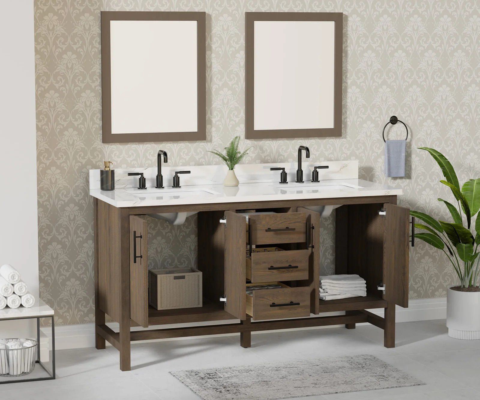 Double vanity bathroom with two sinks, mirrors, wood cabinet, and potted plants