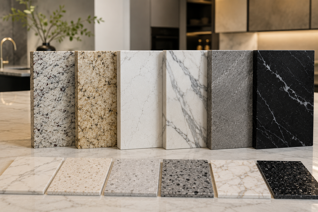 Sample stone slabs in various colors and patterns displayed on a table in a showroom