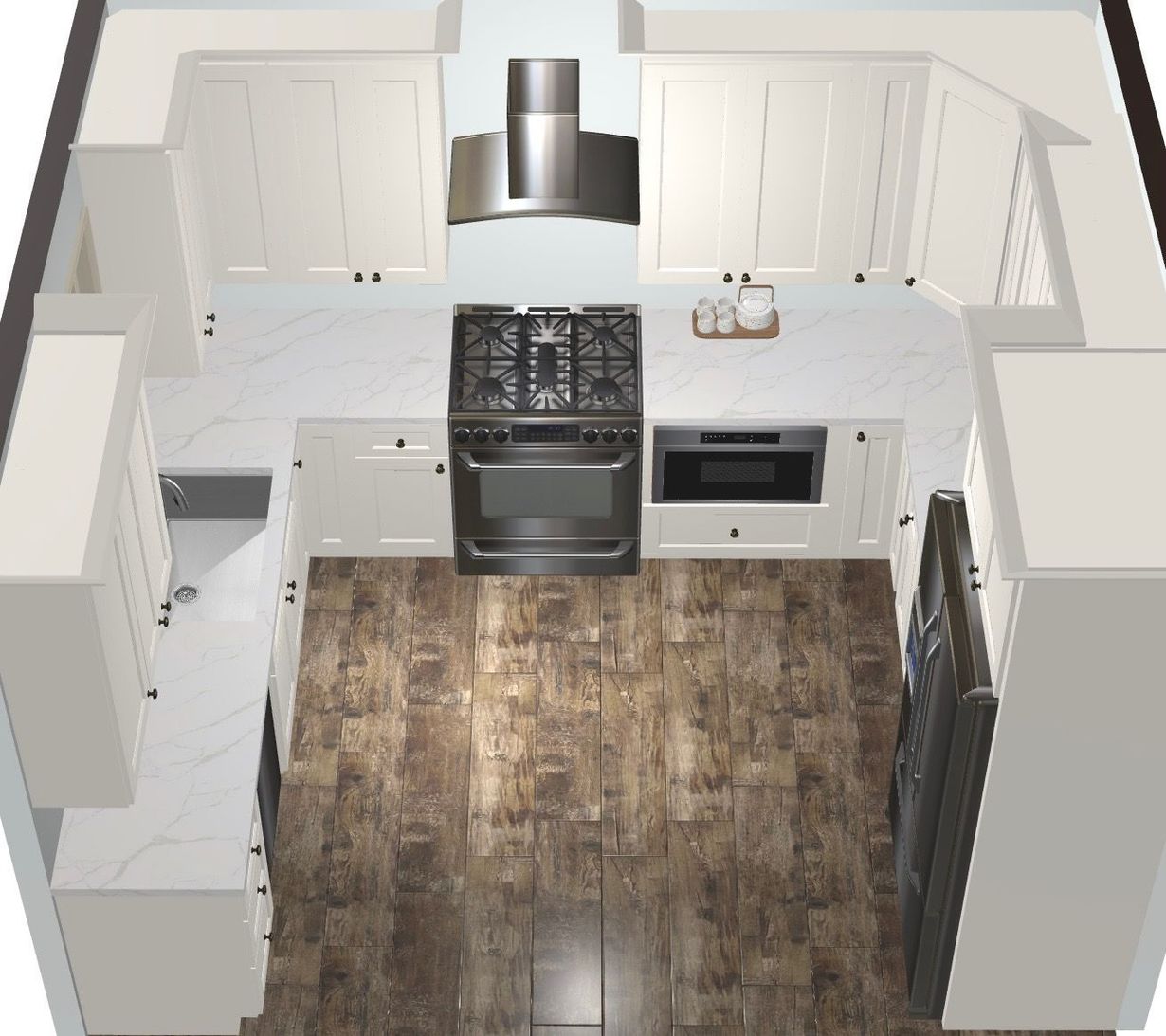 Modern white kitchen with dark wood floor, stainless range, built-in oven, and large cabinets