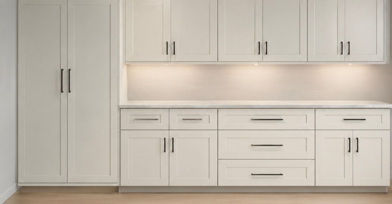 Modern white kitchen cabinets with under-cabinet lighting and silver handles
