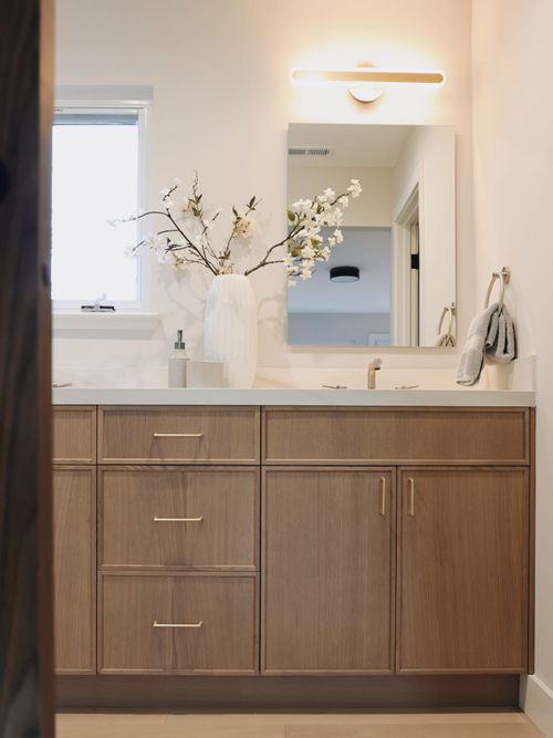 Modern bathroom with a black vanity, wall mirror, arched shower alcove, and potted plant