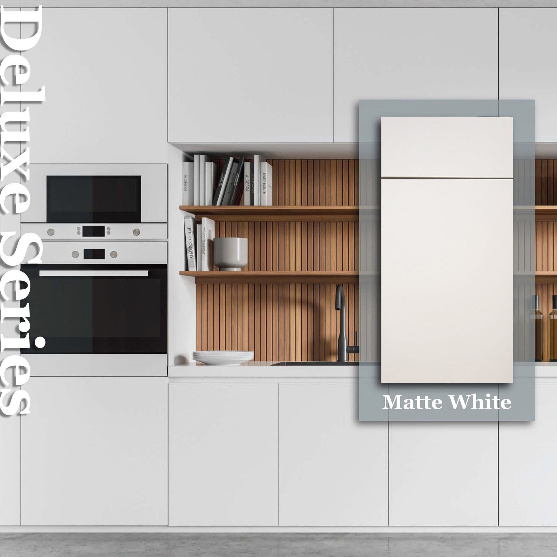 Modern matte white kitchen with built-in oven, wood shelves, and gray cabinet trim