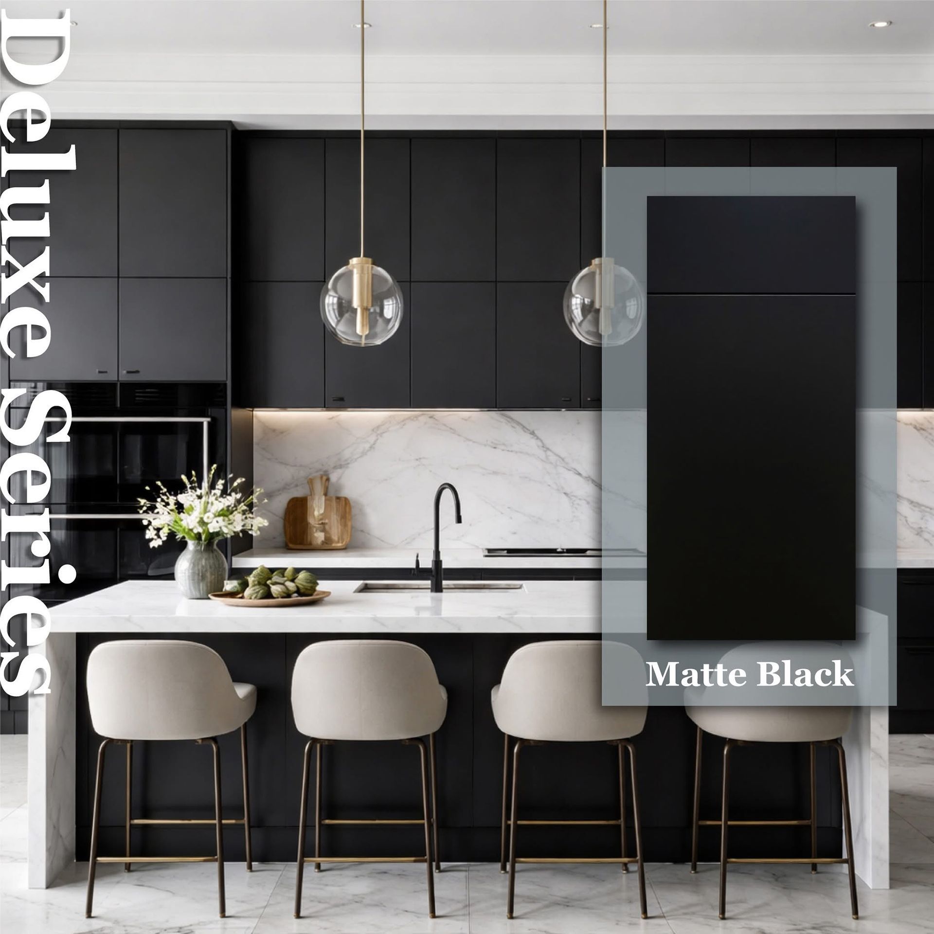 Modern kitchen with black cabinetry, marble backsplash, island seating, and pendant lights