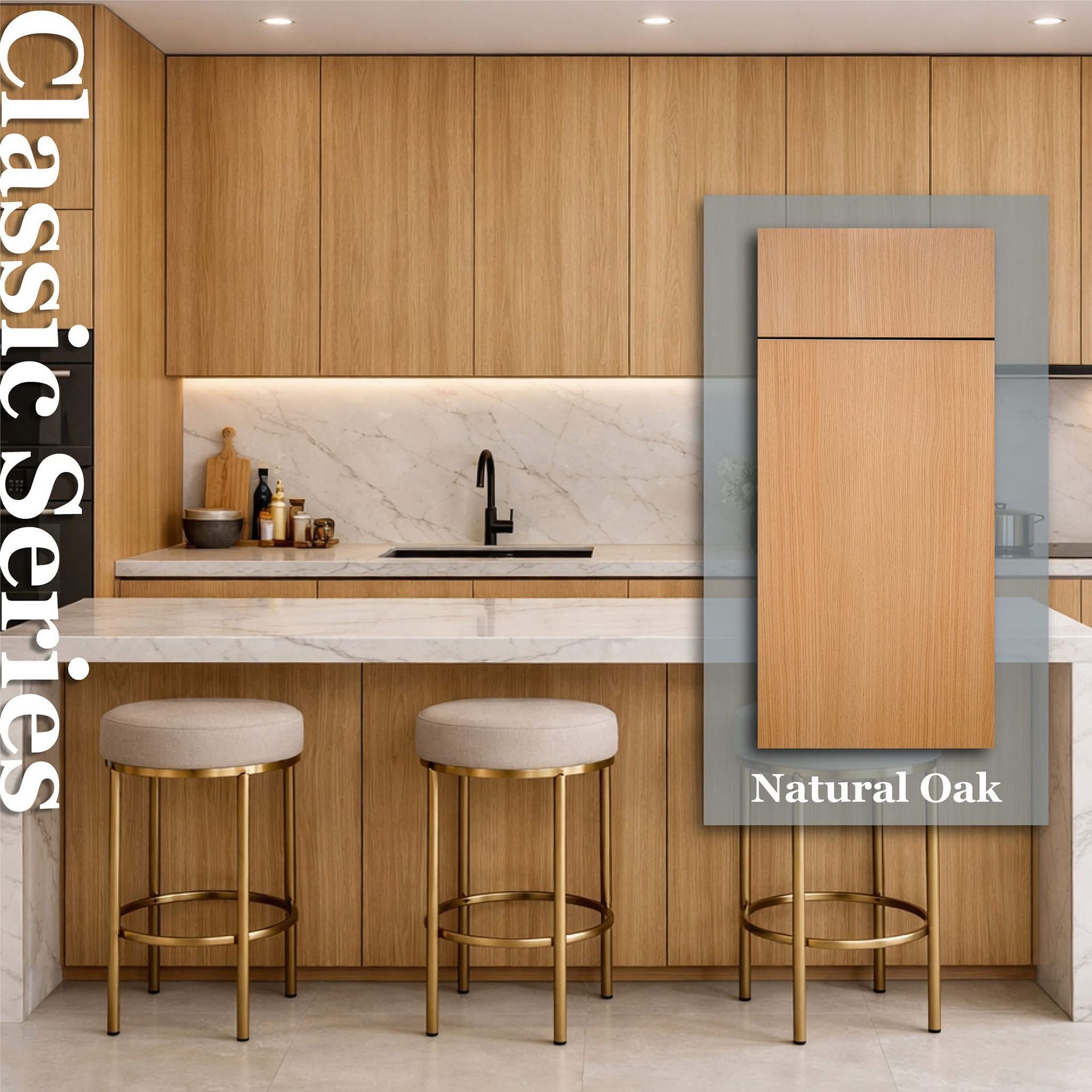 Modern kitchen with light oak cabinets, marble backsplash, island, and two stools; labeled “Natural Oak” and “Classic Series”