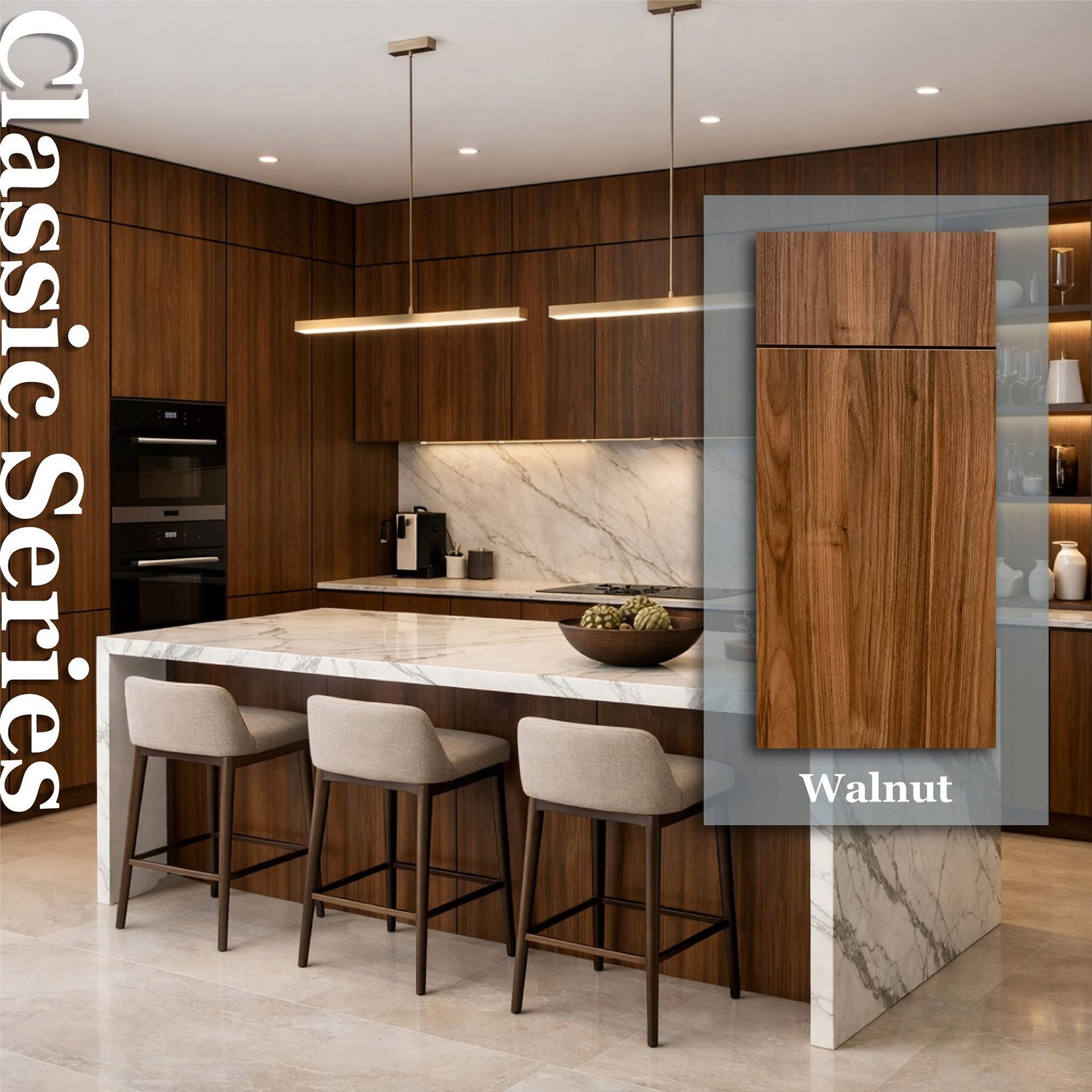 Modern kitchen with walnut cabinets, marble island, and bar stools; “Classic Series” and “Walnut” labels visible