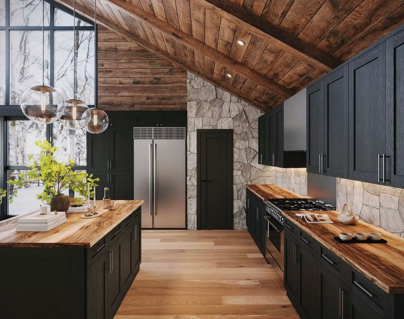 Rustic modern kitchen with dark cabinets, wood ceiling, island, and stainless steel refrigerator