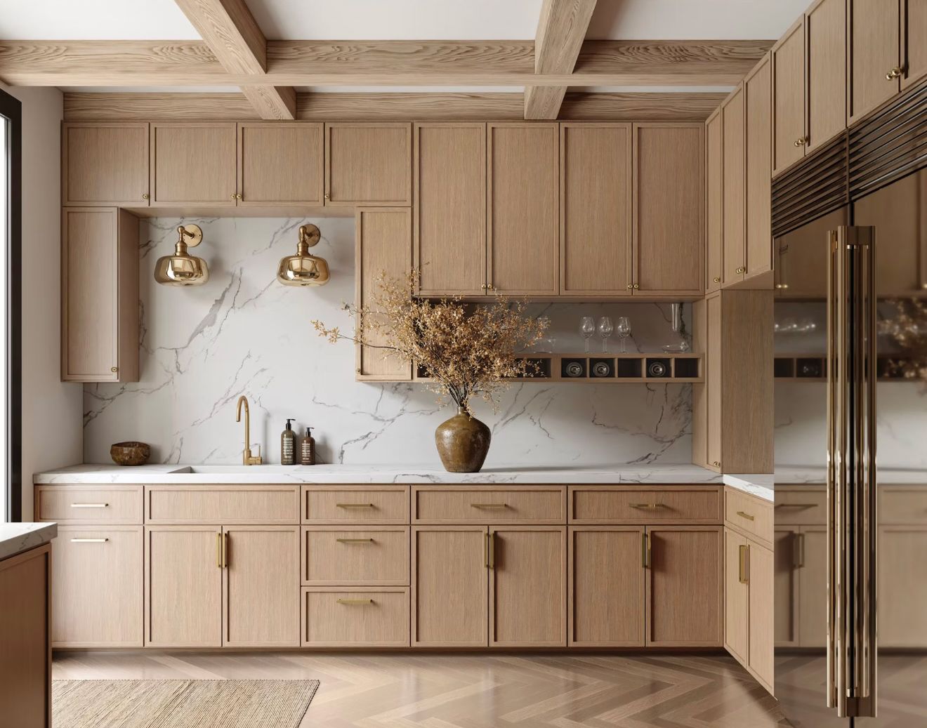 Modern beige kitchen with wood cabinets, marble backsplash, and stainless steel refrigerator