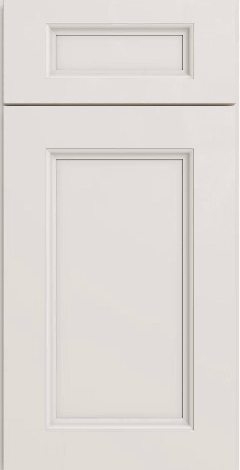 White paneled cabinet door with a small top drawer and a larger lower panel.