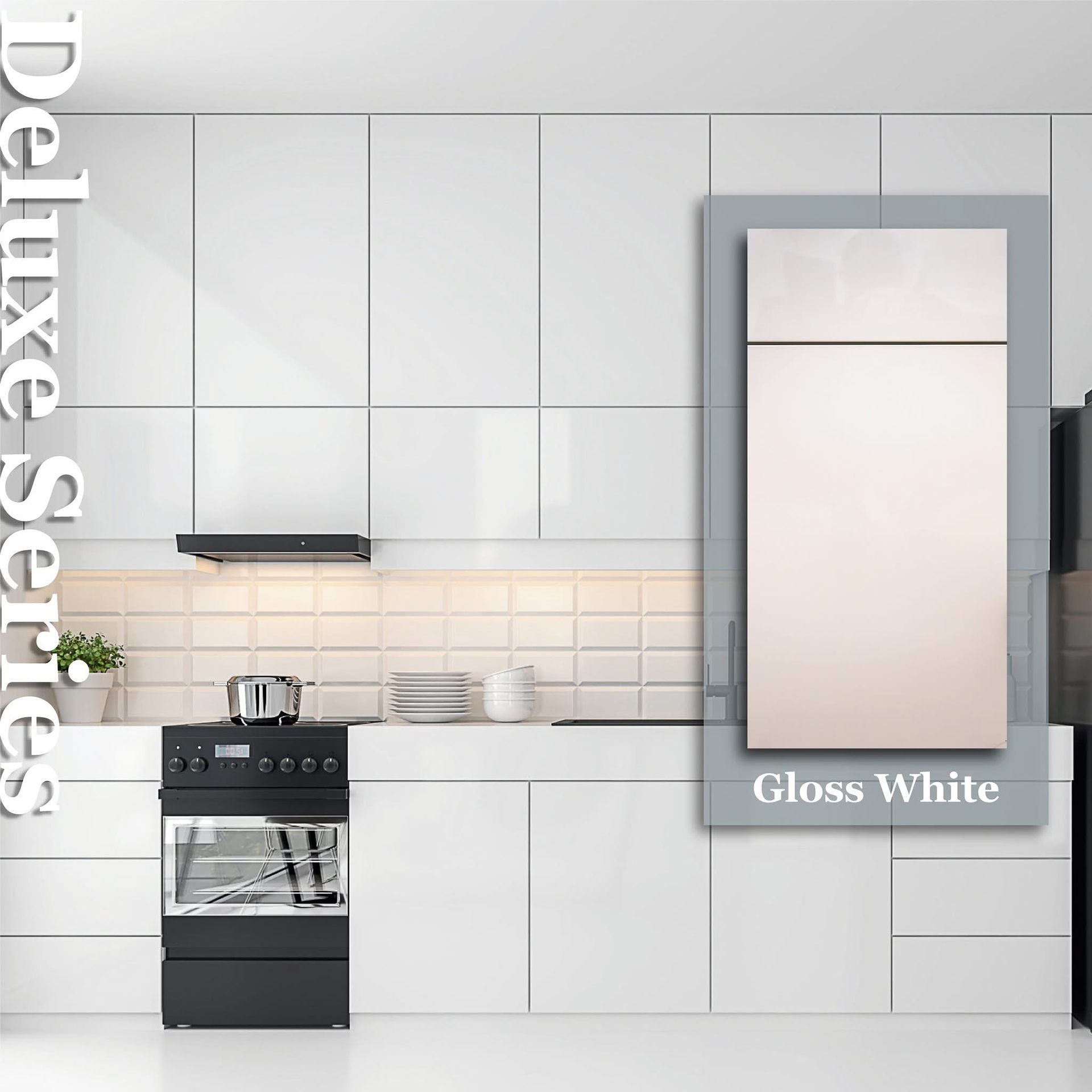 Modern white kitchen with glossy cabinets, black stove, and light tile backsplash