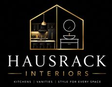 Hausrack Interiors logo with gold house outline, interior sketch, and kitchen, vanity, style tagline