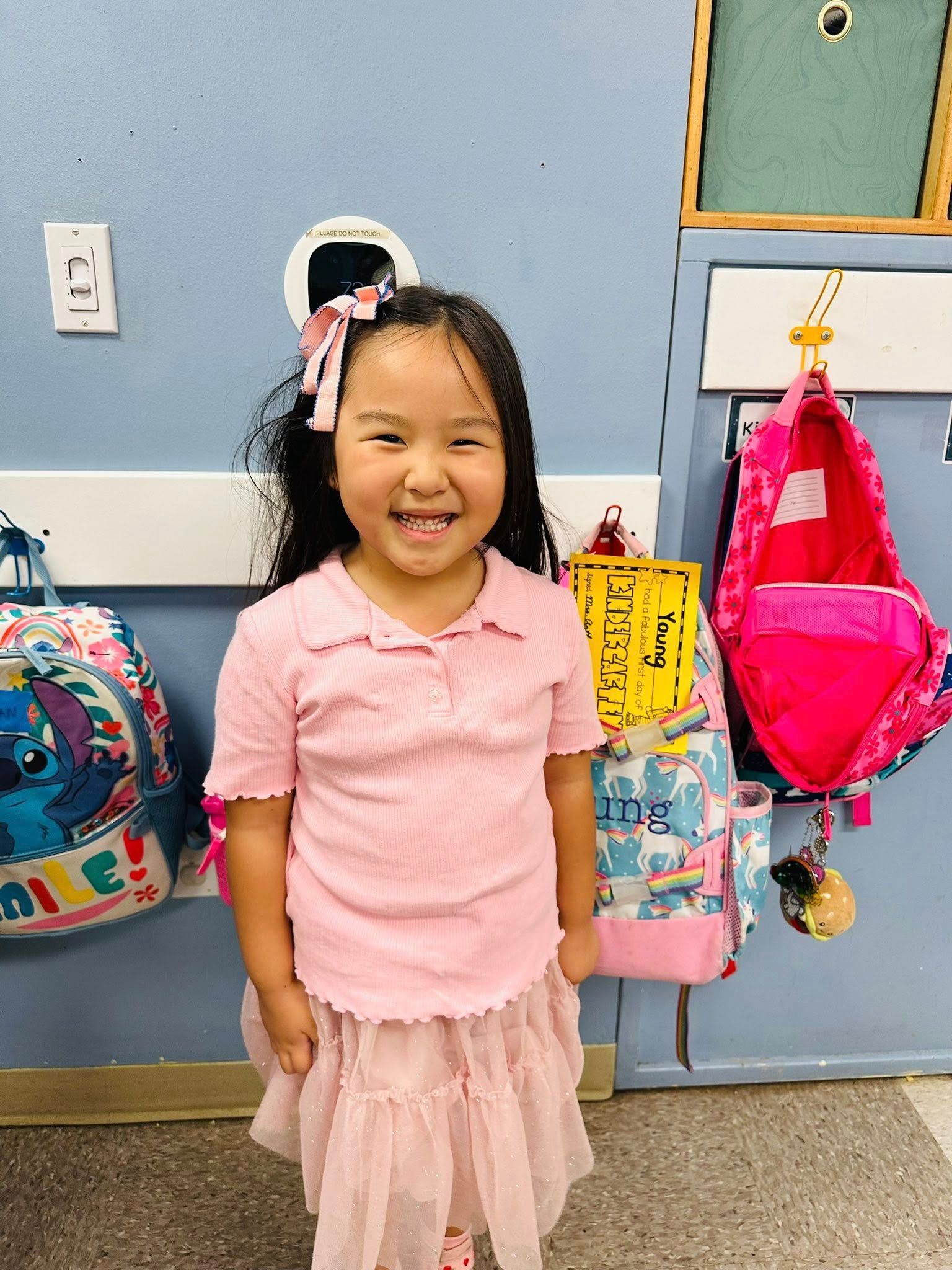 Smiling child in a pink shirt and skirt standing indoors with bags and artwork on the wall