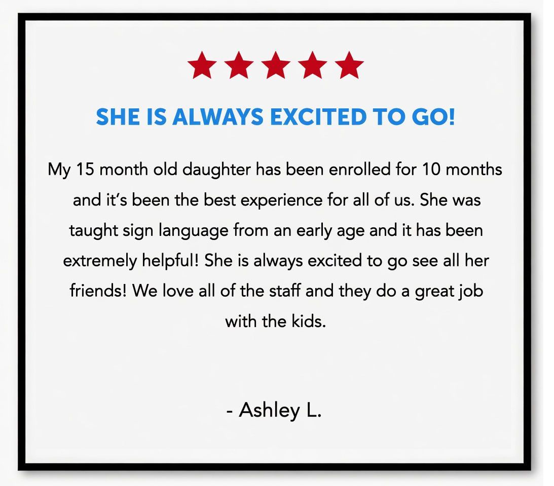 Blue testimonial quote with five red stars praising a daycare and sign language learning