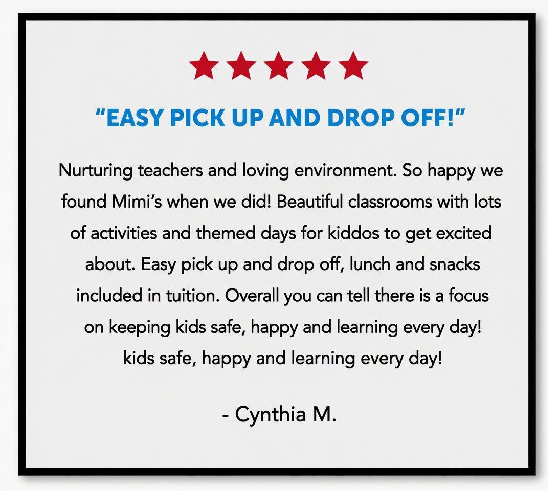 Testimonial quote card with red stars and blue headline praising easy pick up and drop off.