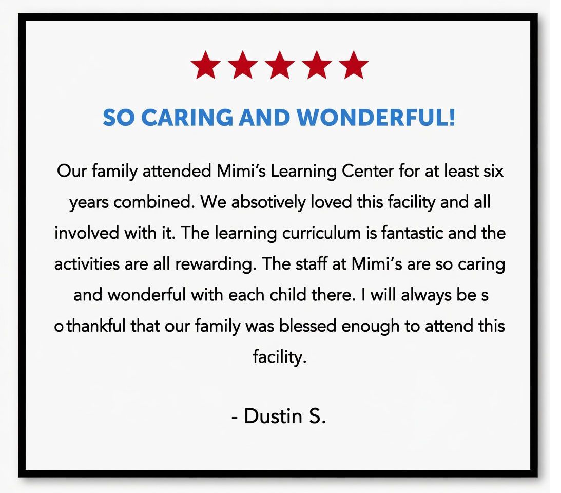 Testimonial quote praising Mimi's Learning Center, with red stars and blue headline on a white card.