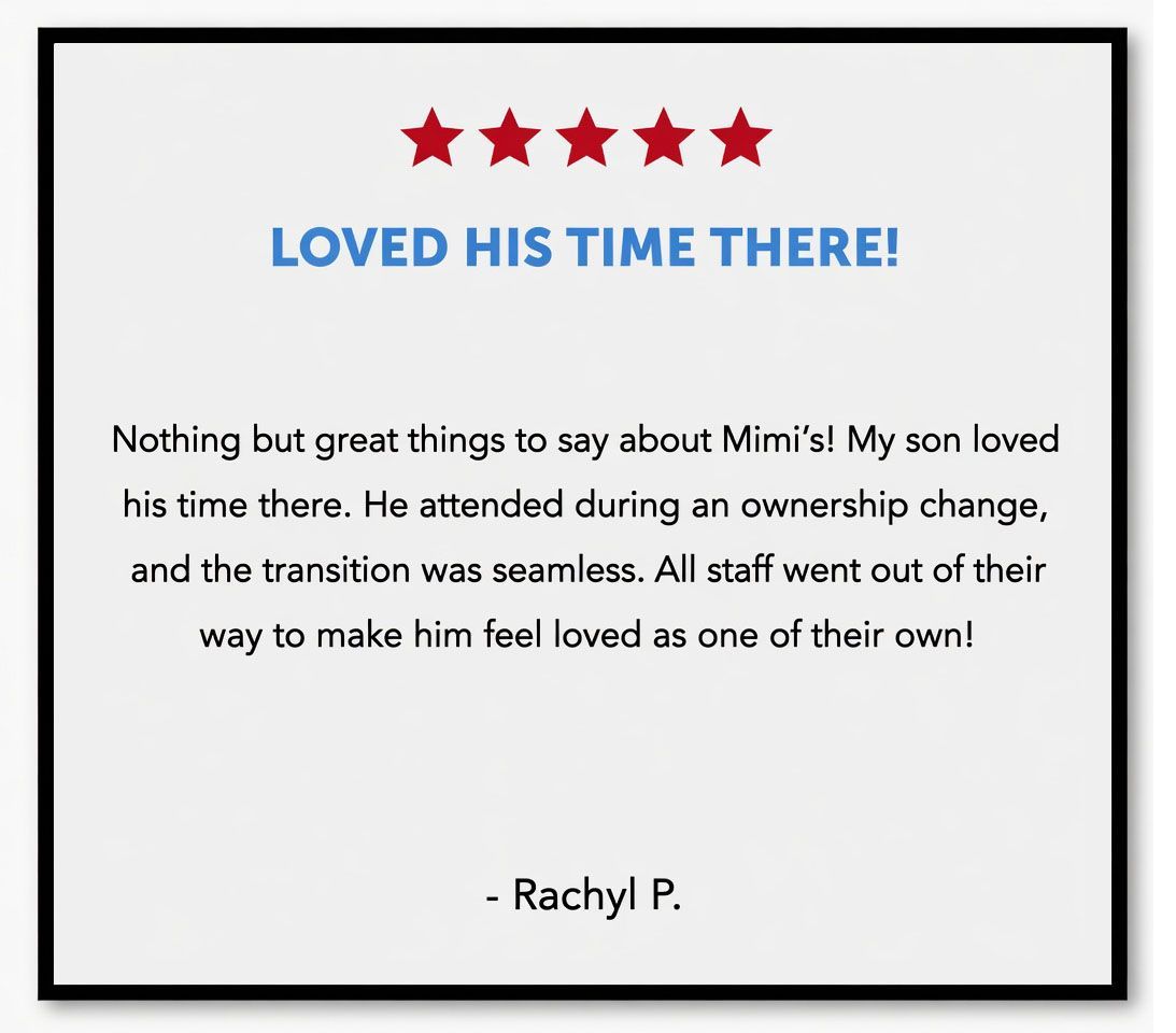 Five red stars above “LOVED HIS TIME THERE!” with a short positive review on a white card