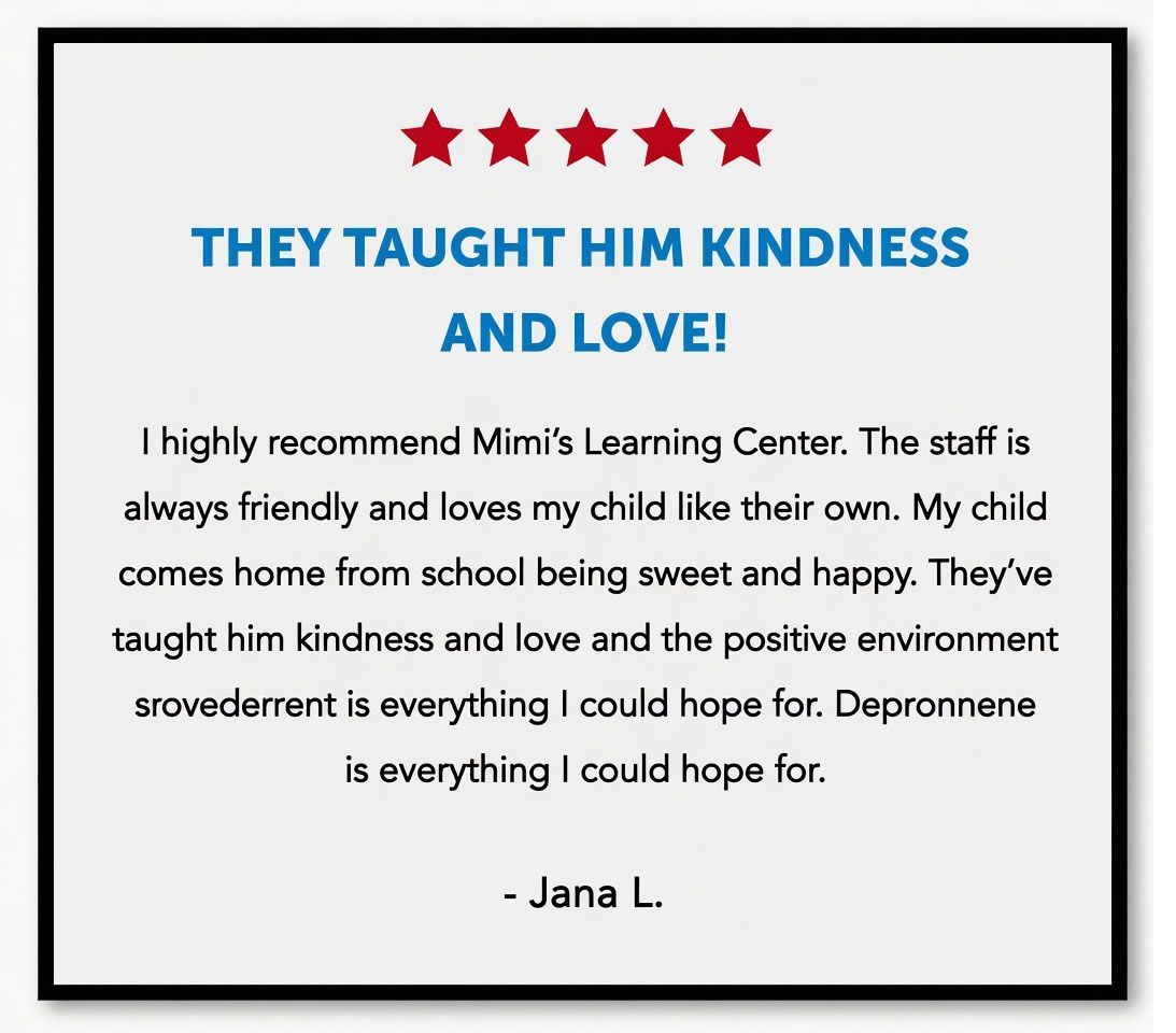 Testimonial card with five red stars and the heading “They taught him kindness and love!”