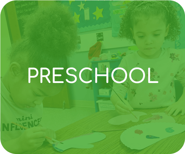 Preschool classroom scene with children doing arts and crafts, green overlay, PRESCHOOL text