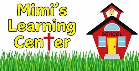 Mimi’s Learning Center logo with yellow text, red schoolhouse, and green grass