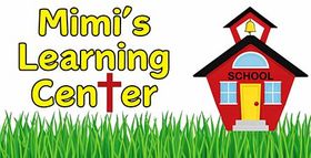 Mimi’s Learning Center logo with yellow text, red schoolhouse, and green grass