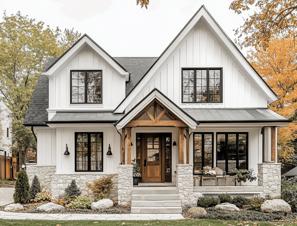 Two-story modern farmhouse with white vertical siding, a stone base, a dark roof, and a wooden front porch entryway.