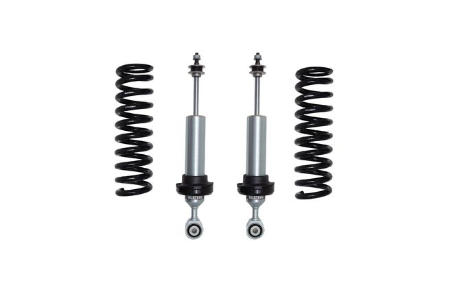 Two black coil springs and two silver shock absorbers against a white background.