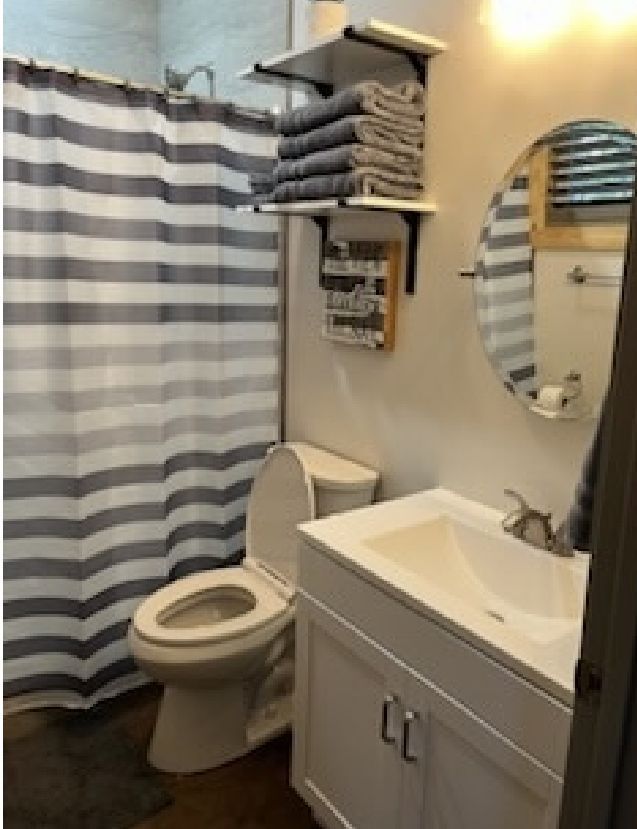 A bathroom with a toilet a sink and a shower curtain