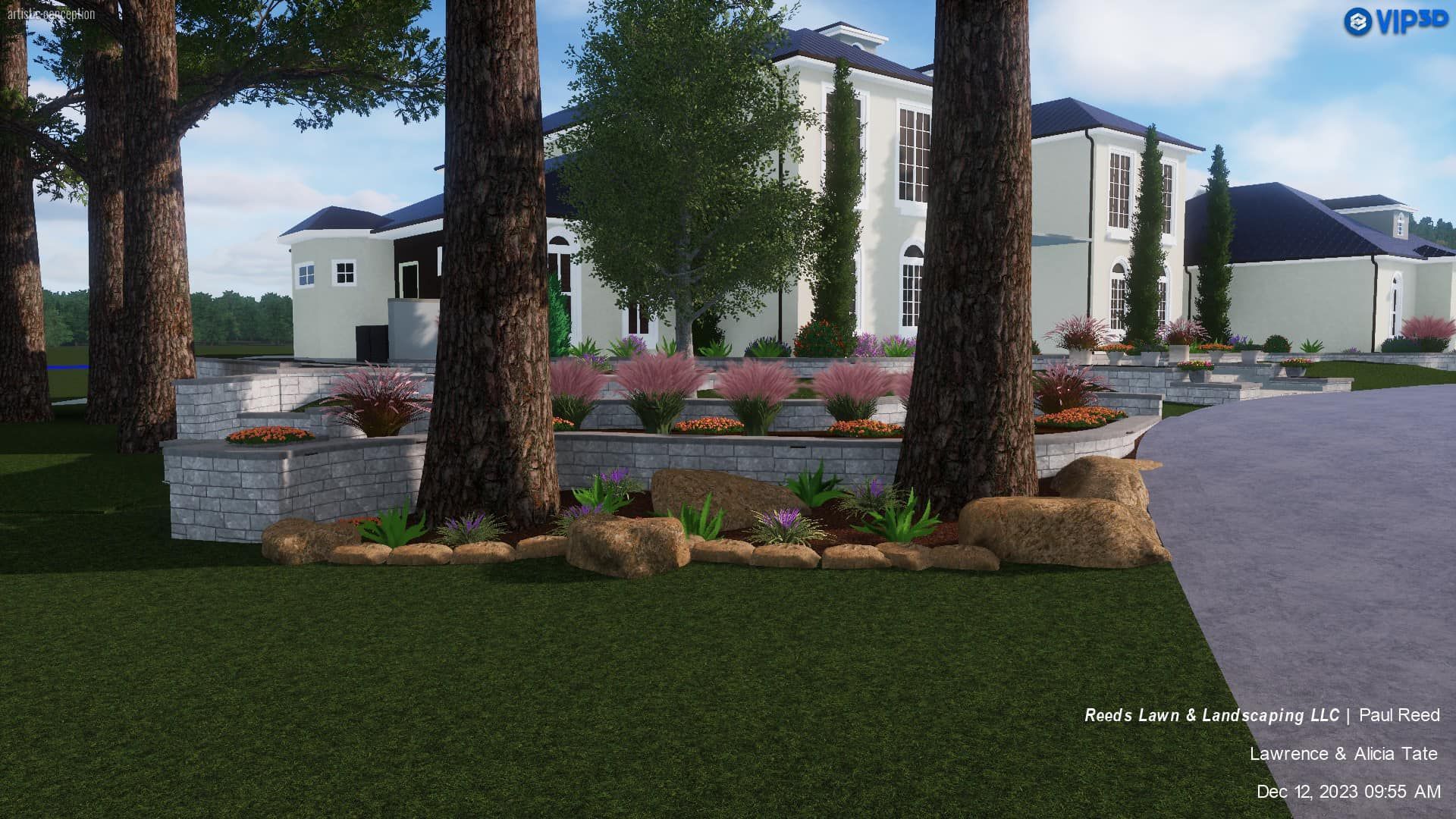 A large white house with a lot of trees in front of it