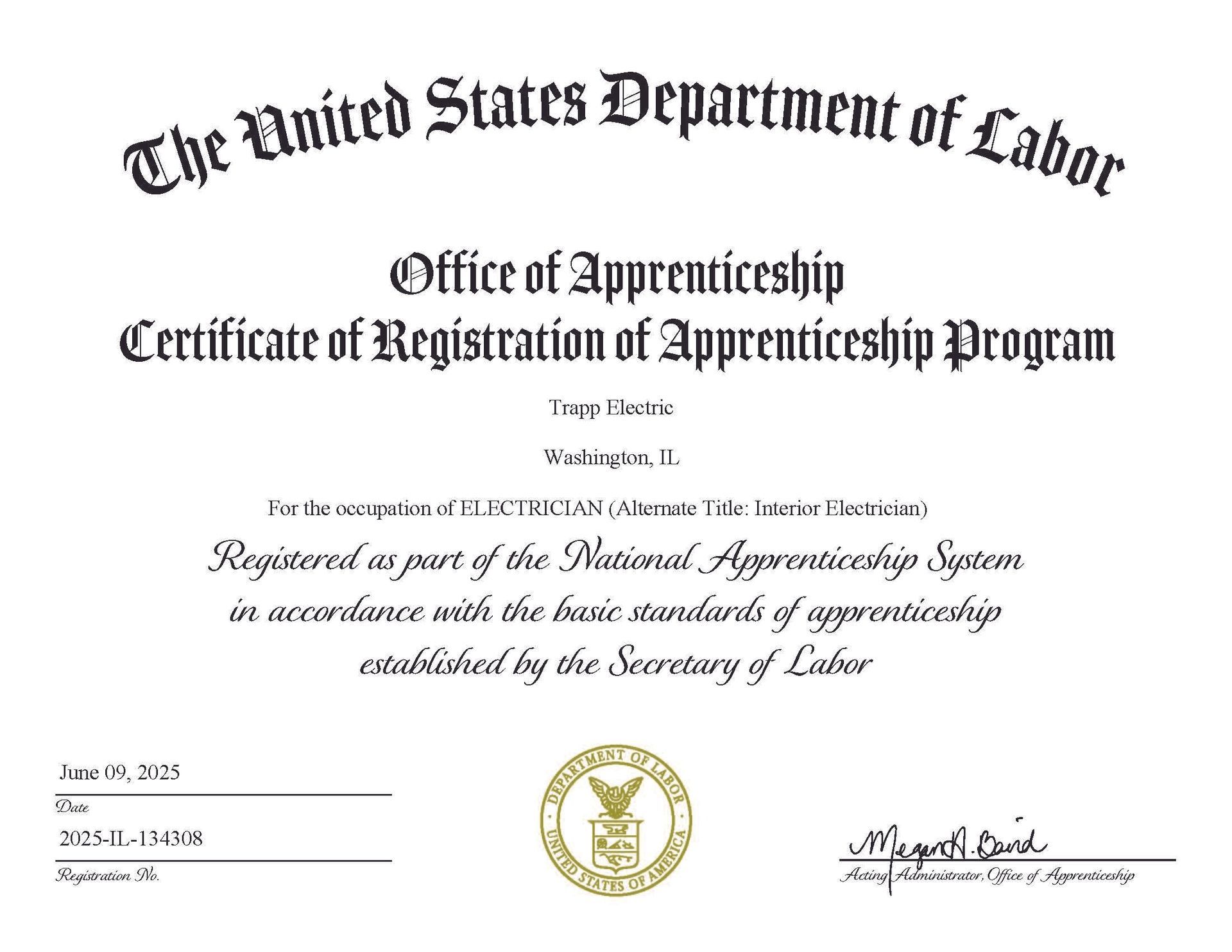 Certificate from U.S. Department of Labor, Office of Apprenticeship, registering an apprenticeship program.