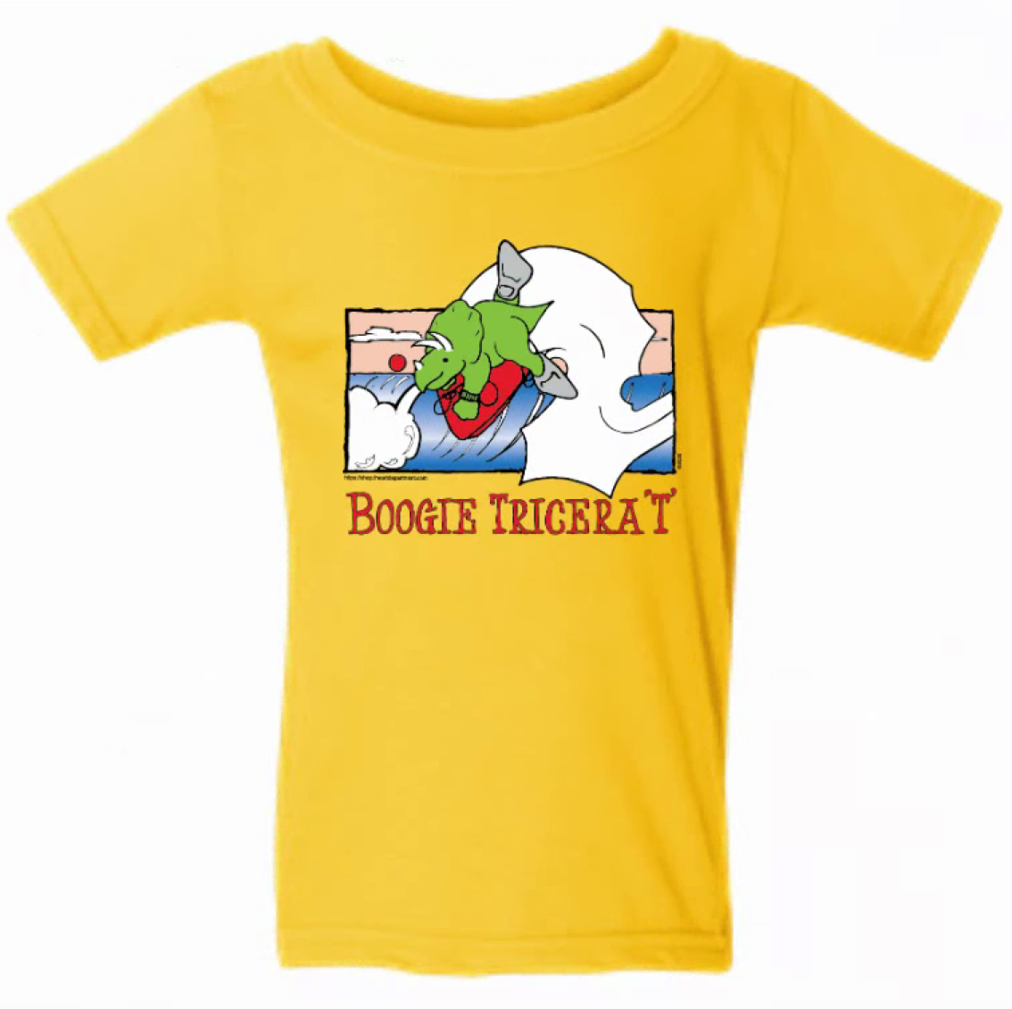 Yellow toddler t-shirt with a cartoon of a green dinosaur riding a wave, 