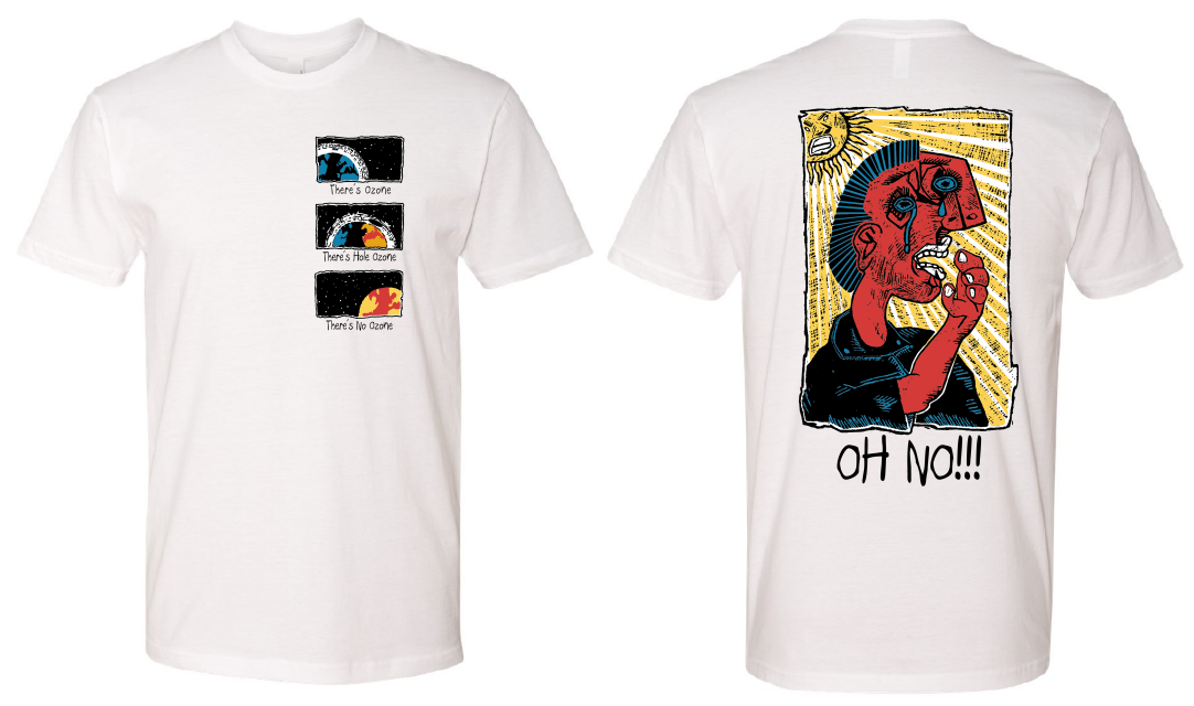 White t-shirt. Front: 3 space-themed panels. Back: distressed graphic of a person with 